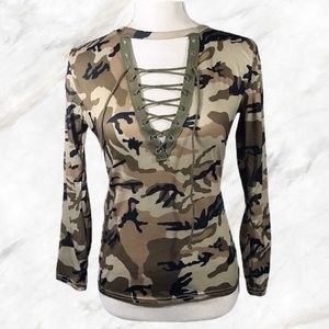 3/$30 NWOT Camo Army Green lace up front top